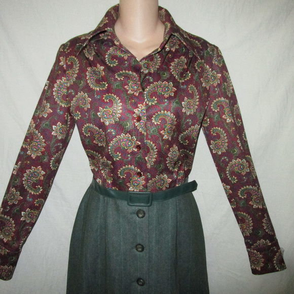 Vintage 70s M Paisley Pinstripe Secretary Dress - Picture 2 of 8